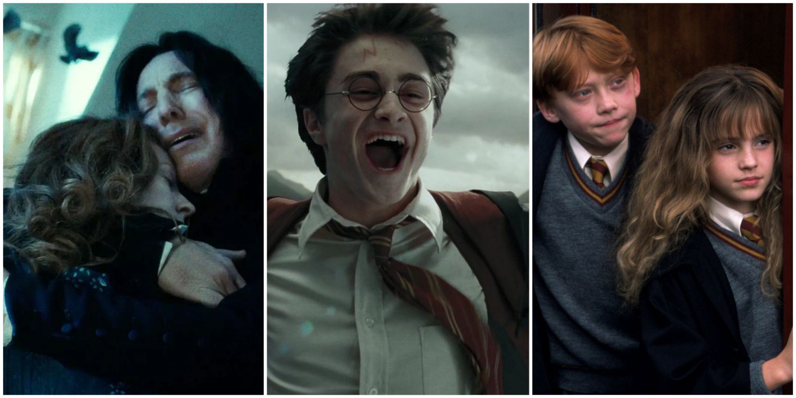10 Best Changes HP Films Made header featuring Lily and Snape, Harry, and Ron and Hermione