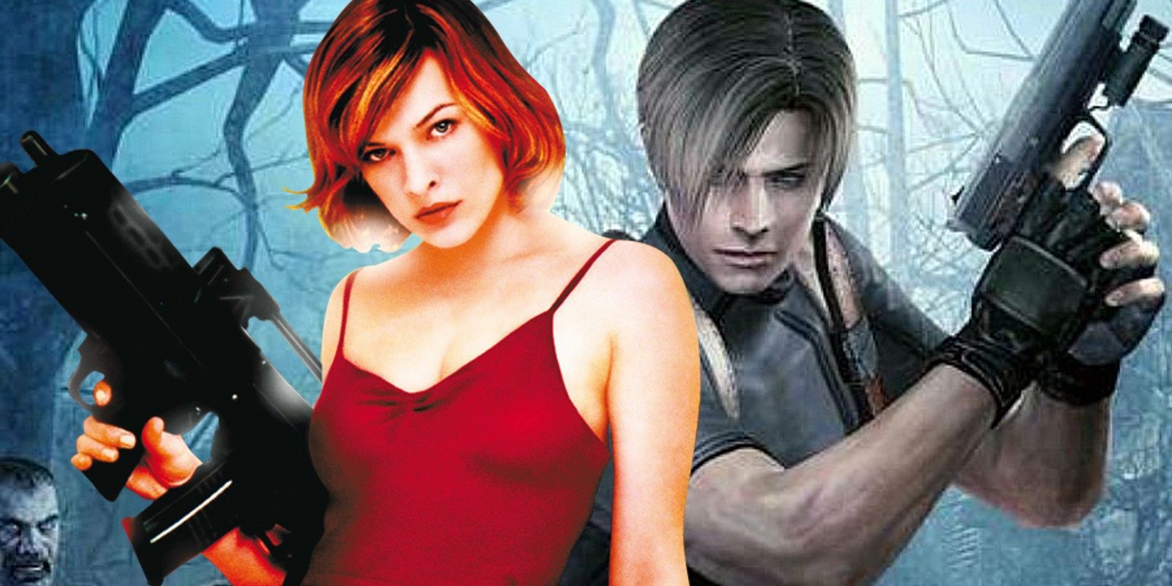Alice from the Resident Evil movies to the right and Leon S. Kennedy from RE: 4 on the left.