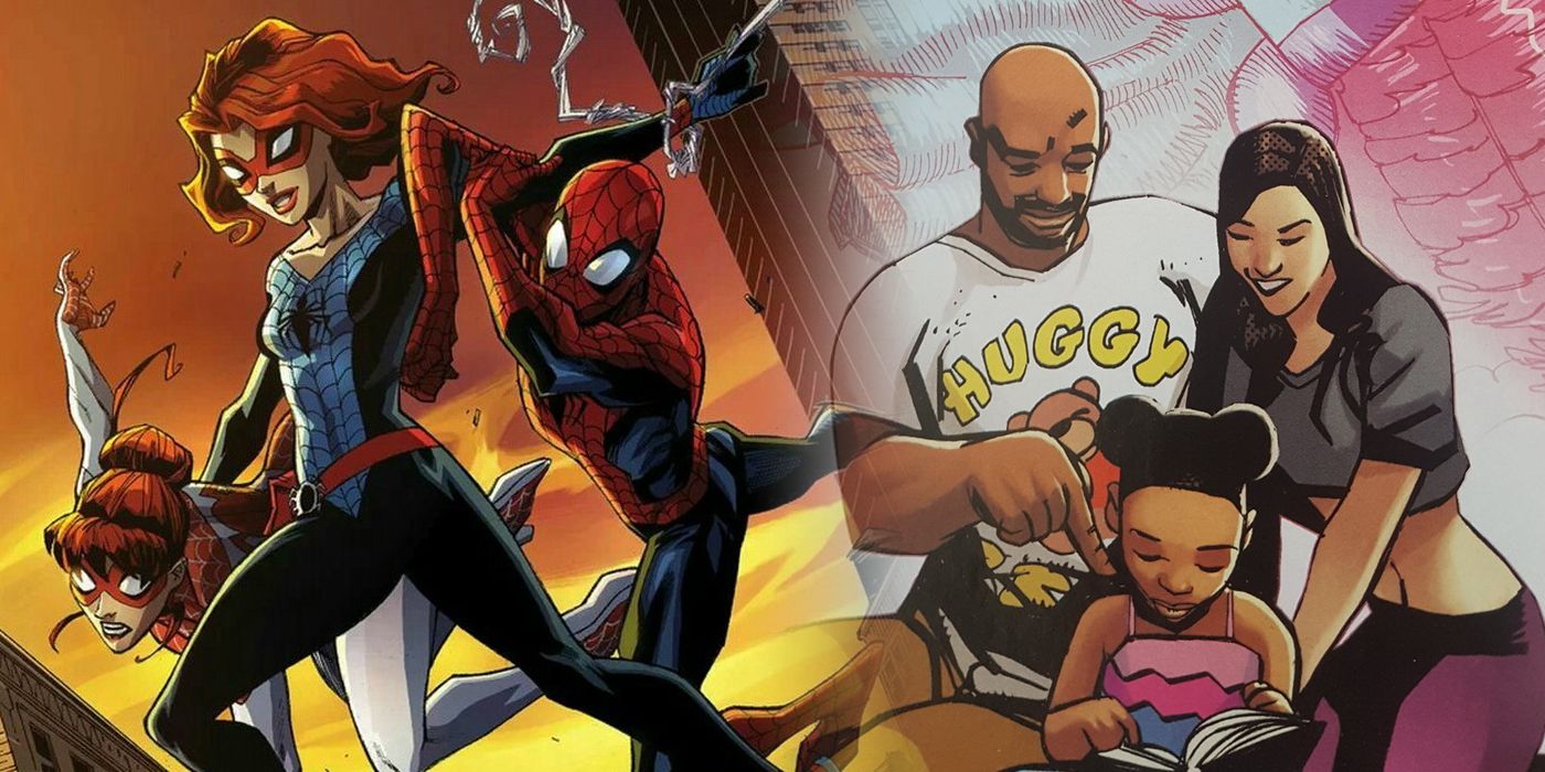 Spiderling, Spider-Man and Spinneret with Luke Cage, Jessica Jones and Dani Cage split image