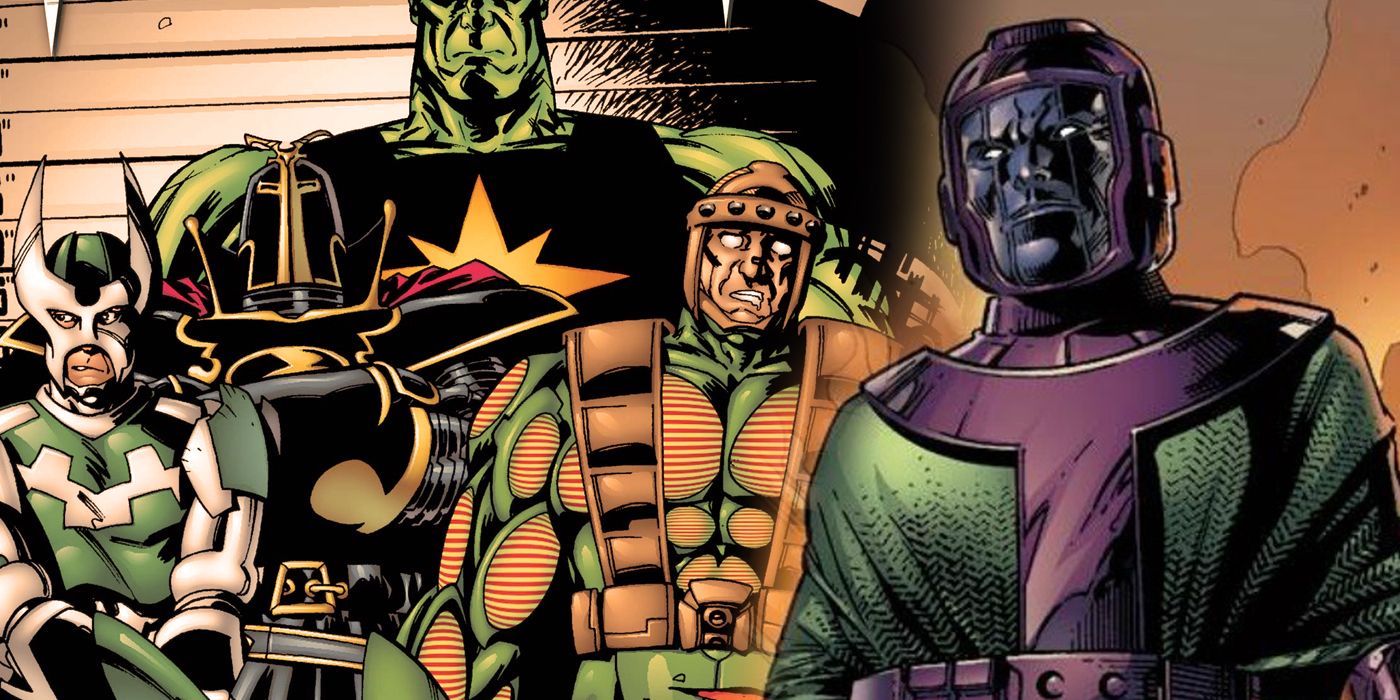 Split image of Kang the Conqueror and the Masters of Evil in Marvel Comics