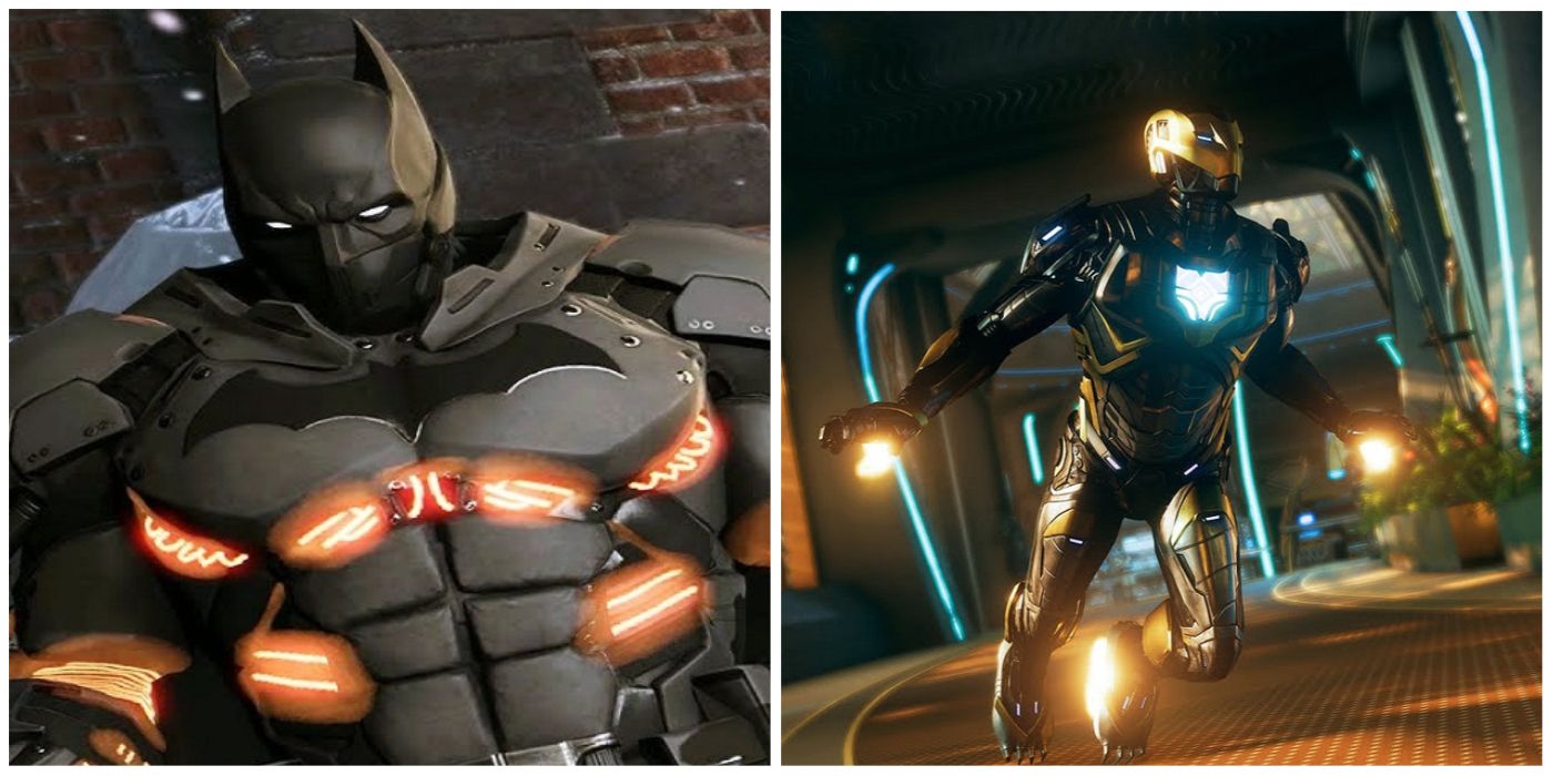 A split image showing Batman's XE Suit from Arkham Origins and Iron Man's Wakandan Stealth Suit from Marvel's Avengers