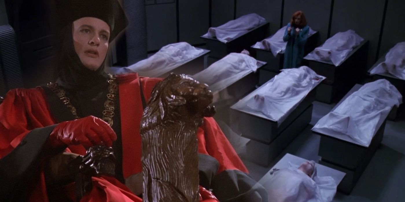 Q and Dr. Crusher in a morgue from Star Trek: TNG split image