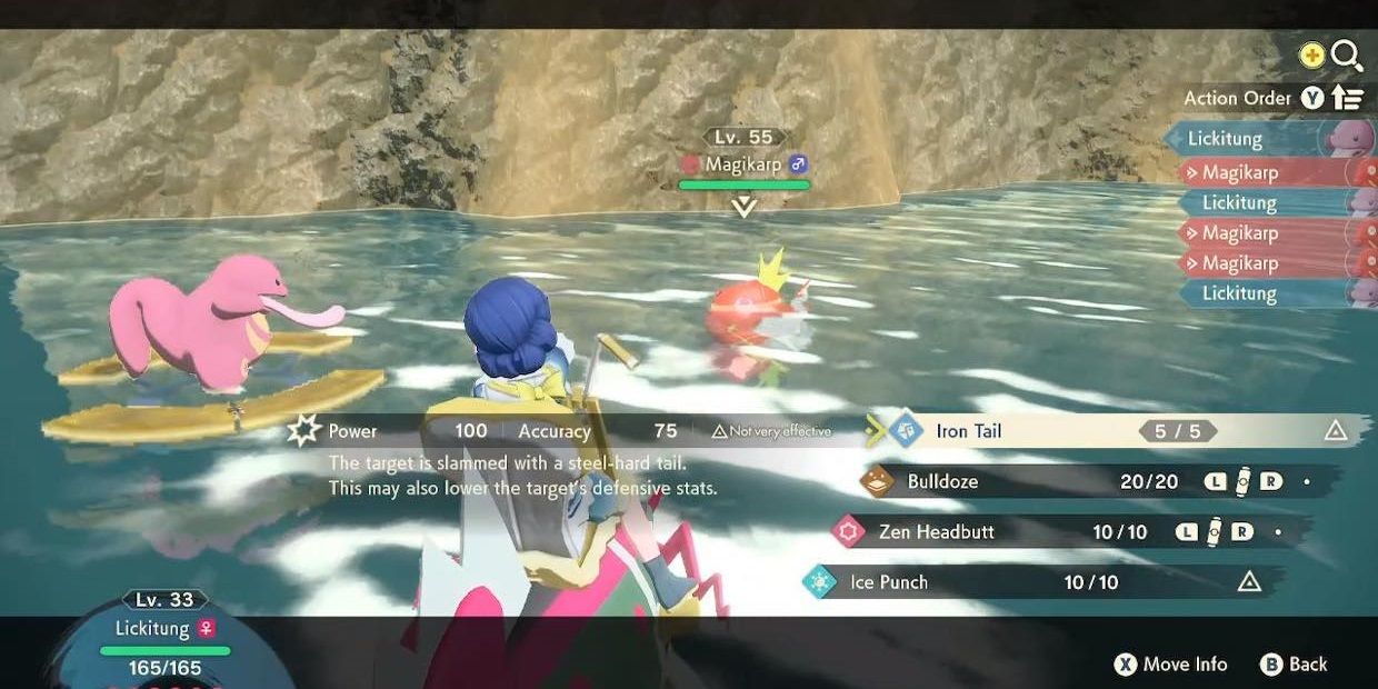 Battle between floating lickitung and alpha magikarp in Pokémon Legends: Arceus