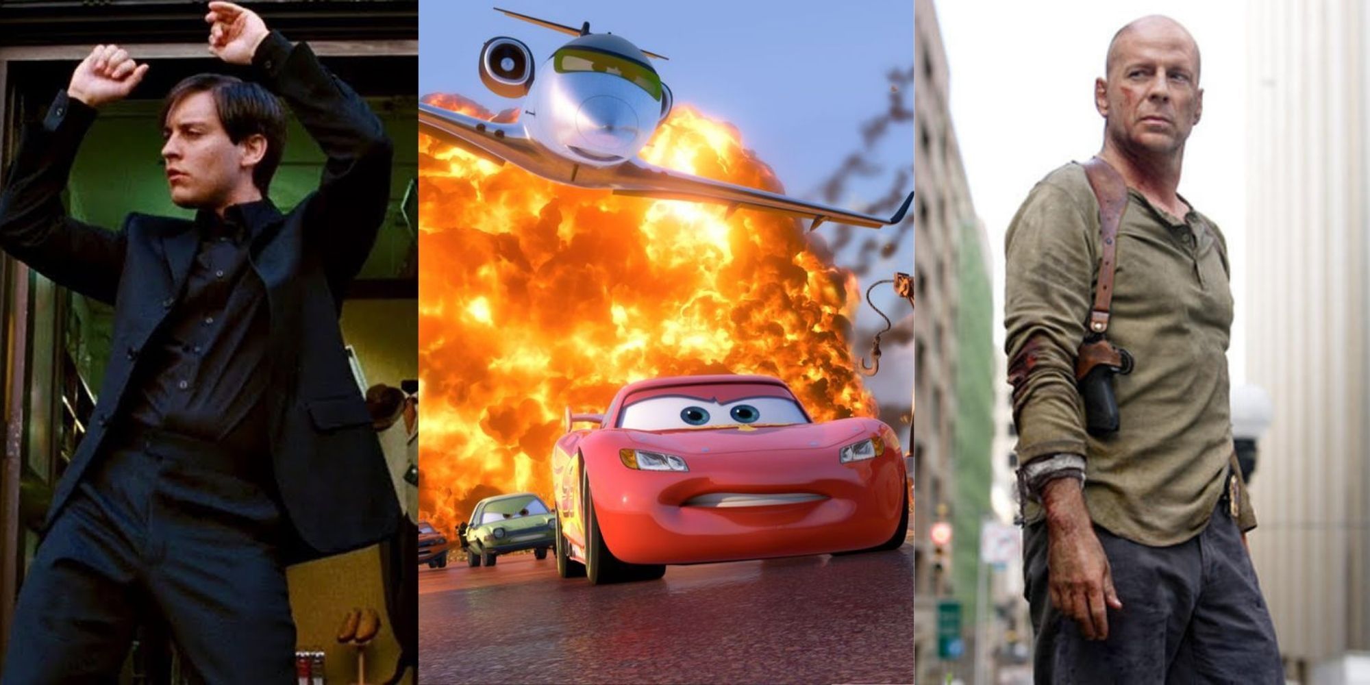 A split image of Peter Parker (Spider-Man 3), Lightning McQueen (Cars 2), and John McClane (Live Free or Die Hard).)