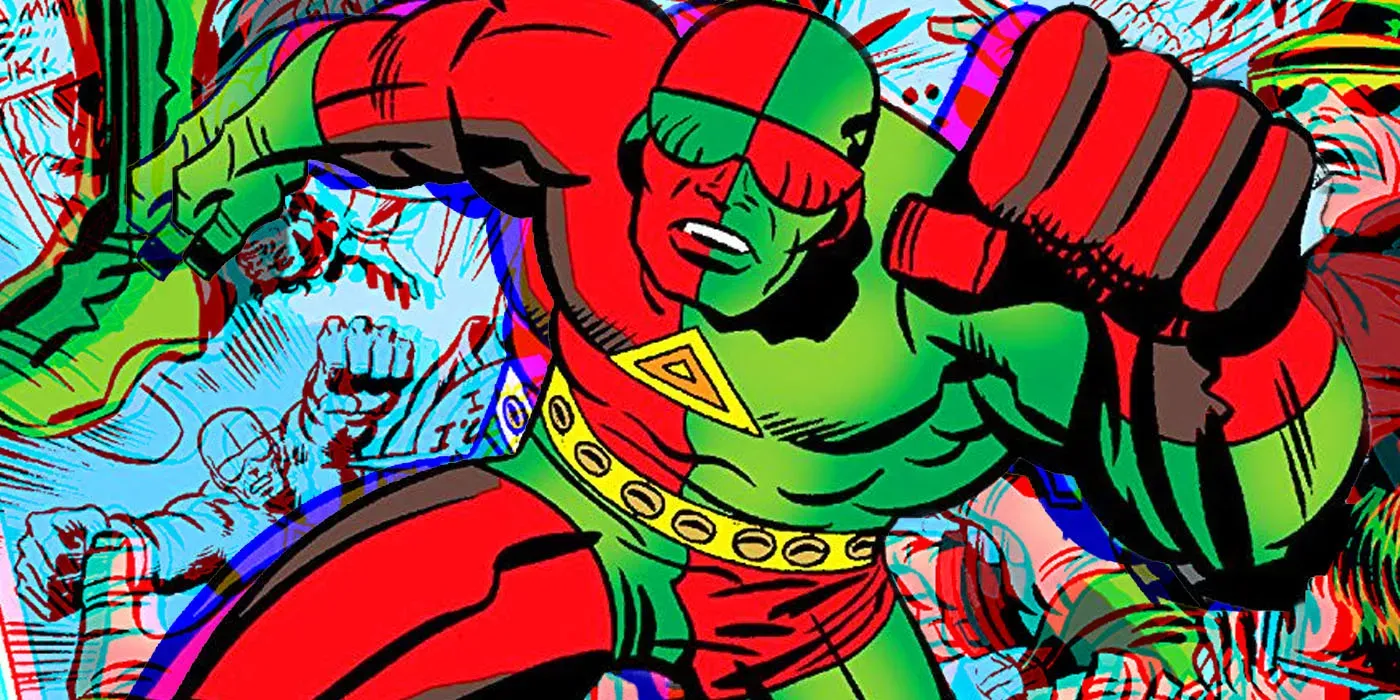 3-D Man runs at the reader in his green and red outfit in Marvel Comics.