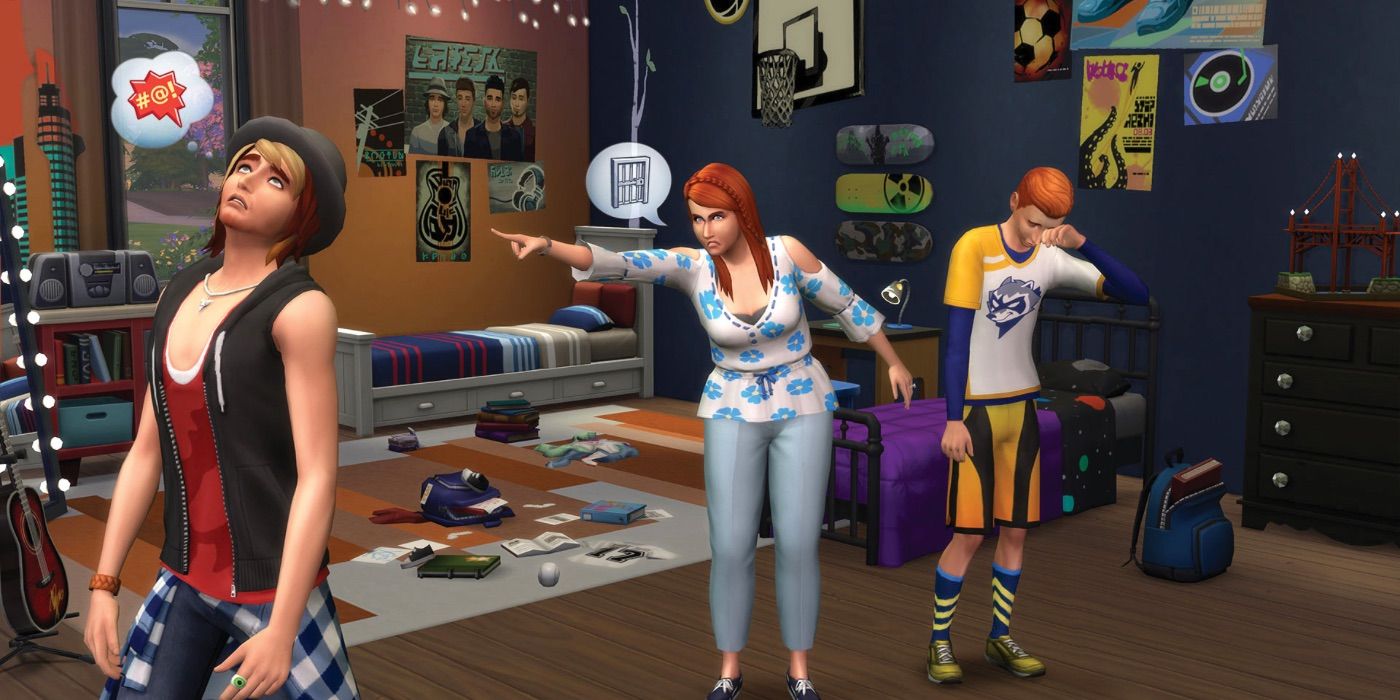 A mother shouts at her daughter while her son cries in the Sims