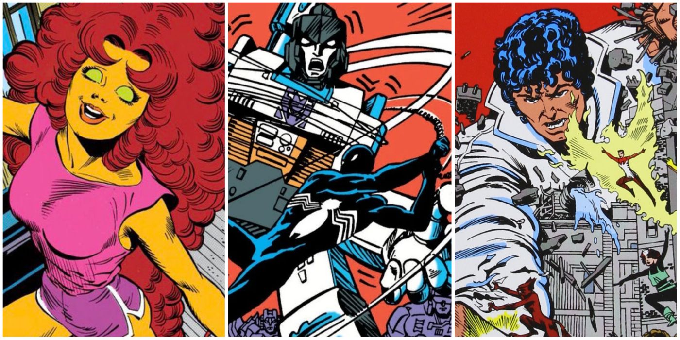 Left: DC's Starfire in flight. Middle: Transformer's Megatron battling Spider-Man. Right: Marvel's The Beyonder battling the Marvel Universe.