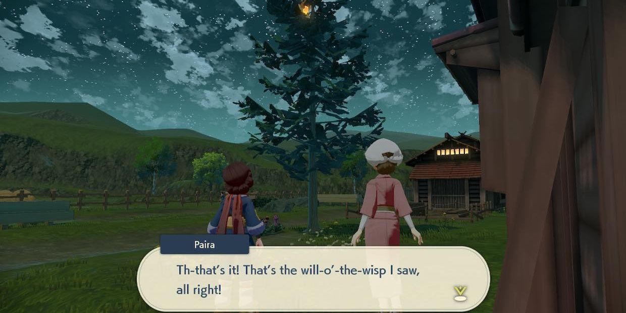 A villager from Pokémon Legends discovering the truth behind a will-o'-the-wisp she saw