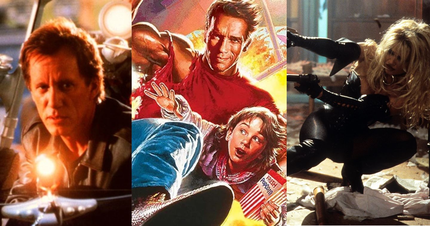 A combined feature image that contains images from several '90s action films, including John Carpenter's Vampires, Last Action Hero, and Barb Wire.