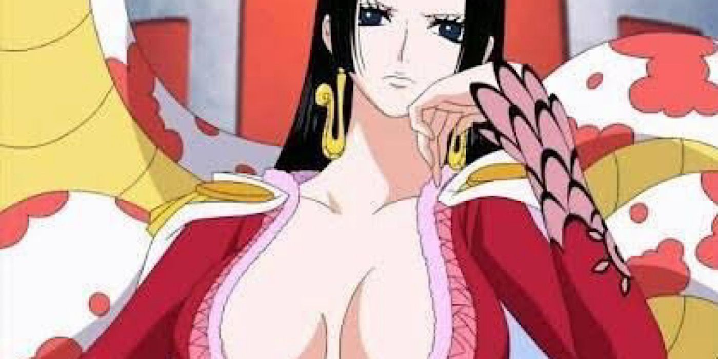Boa Hancock (One Piece) with hand on chin, scowling.