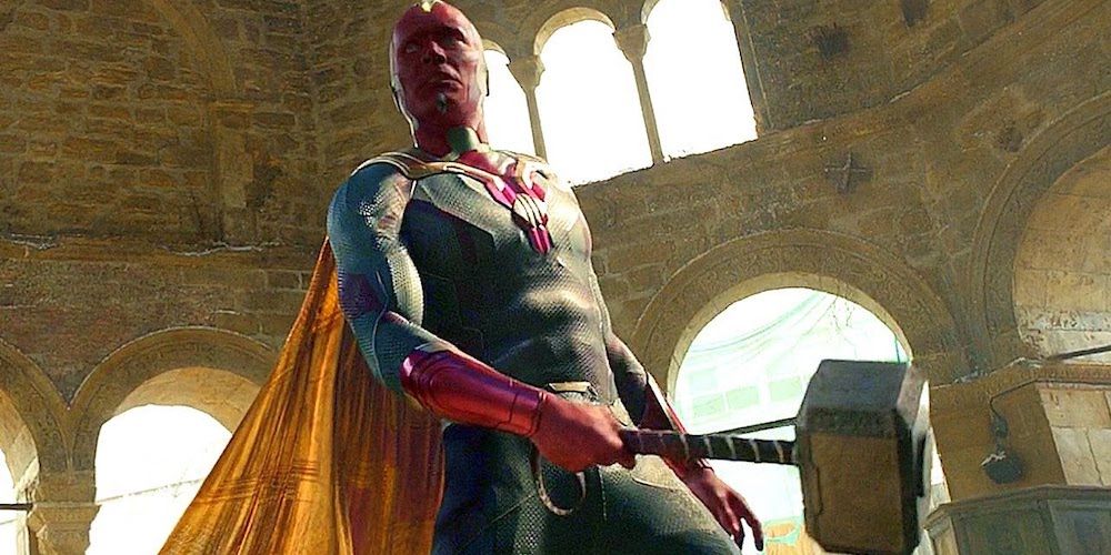 Vision holding Thor's Hammer in Age of Ultron