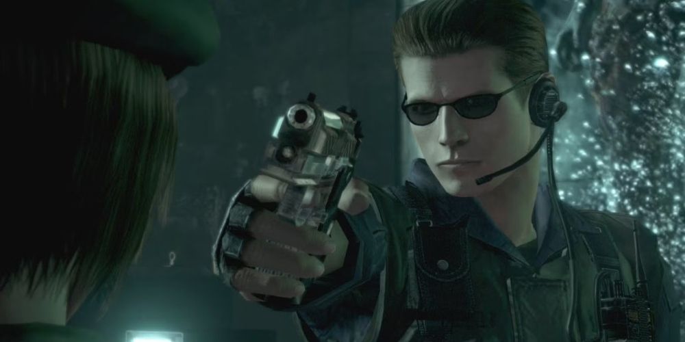 Albert Wesker holding Jill Valentine at gunpoint in the Resident Evil Remake