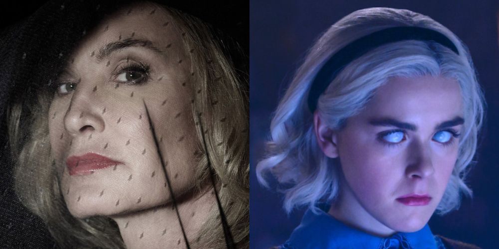 Two photos, one of Jessica Lange as Fiona Goode in American Horror Story and one of Kiernan Shipka as Sabrina Spellman in Chilling Adventures of Sabrina