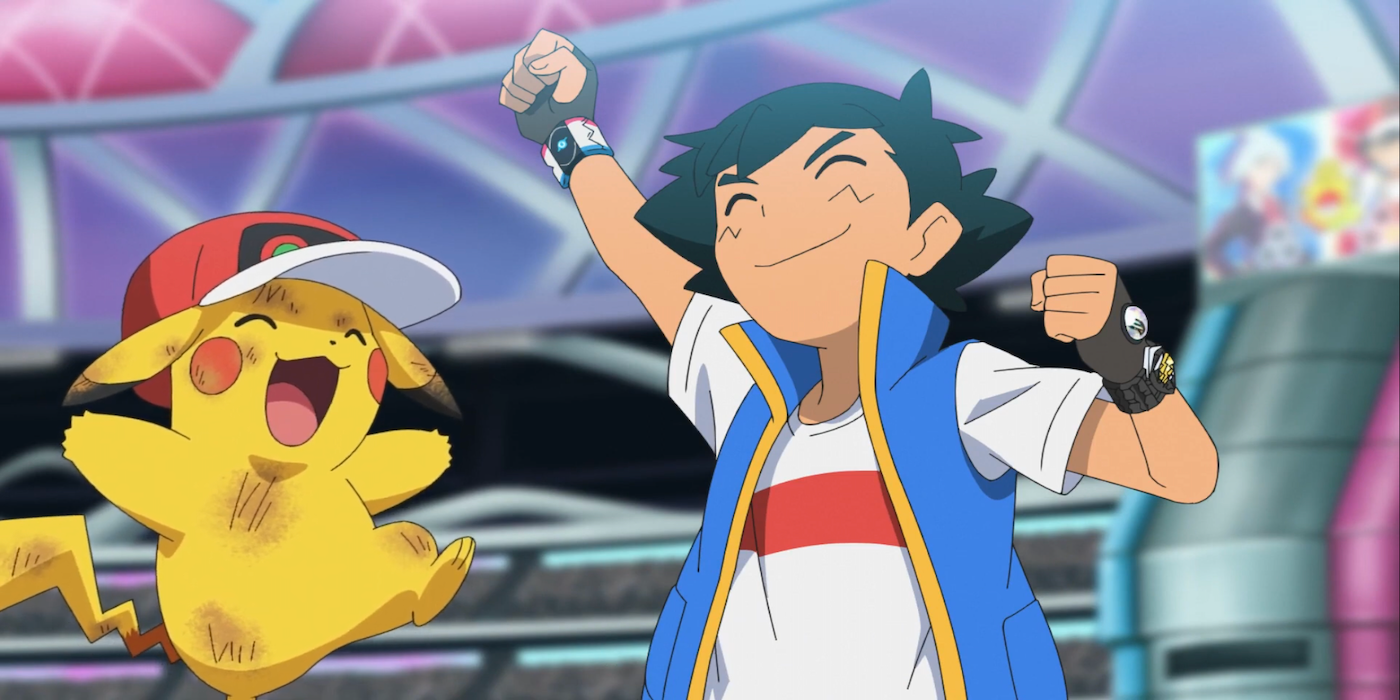 Ash and Pikachu celebrate their victory over Steven in the Masters Eight in Pokémon Journeys