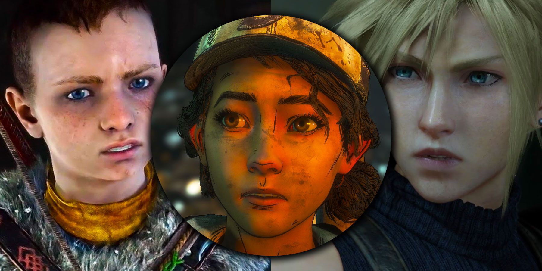 Atreus from God Of War, Clementine from Telltale's The Walking Dead, and Cloud Strife from Final Fantasy VII collage image
