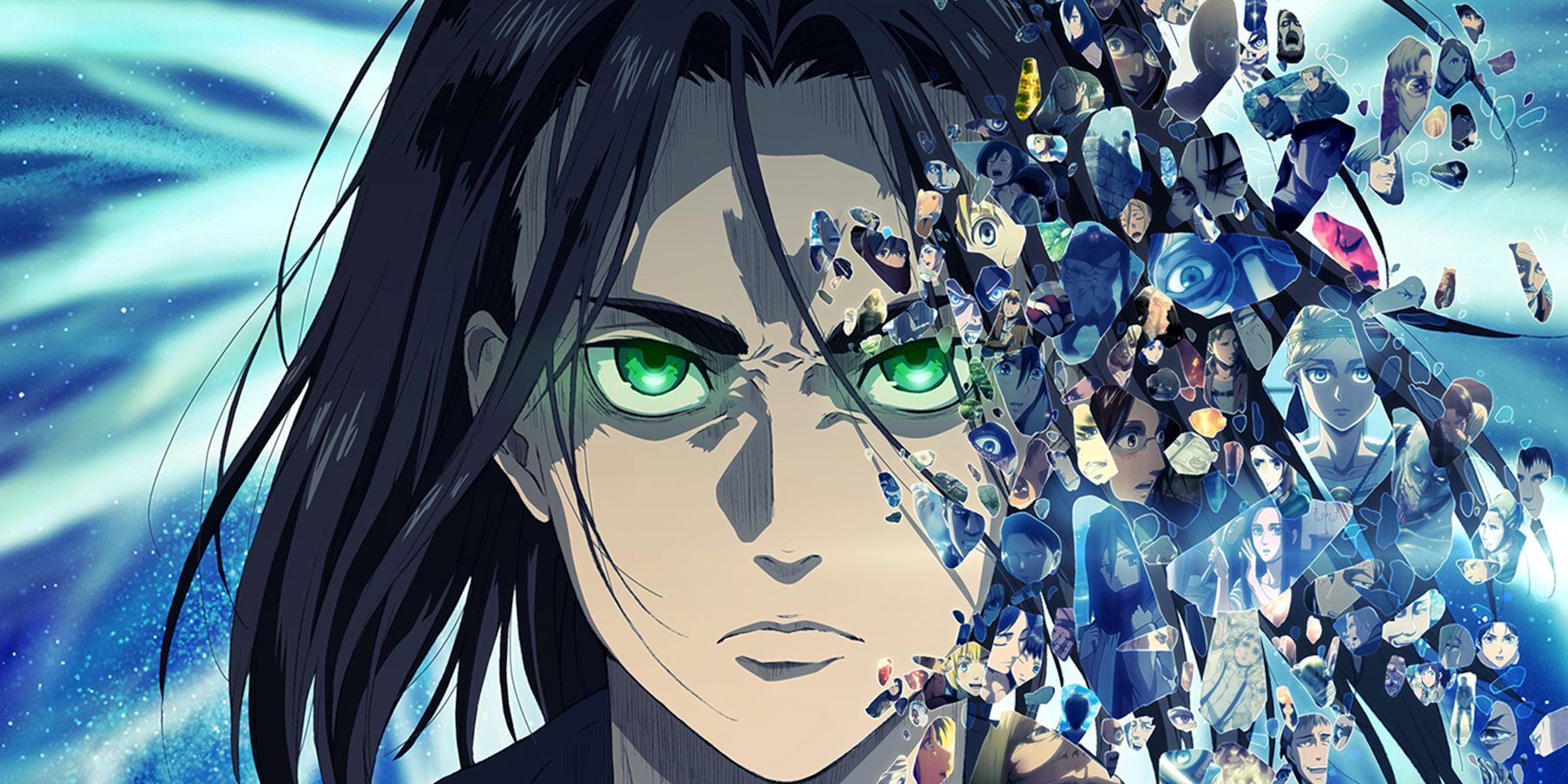 Ataque contra Eren Yeager desde Titán con otros personajes principales en la visual clave de la temporada final del anime.