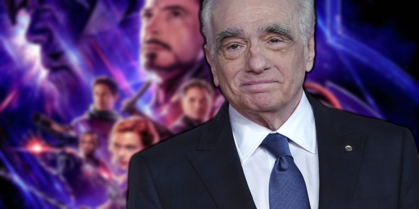 Director Martin Scorsese in front of the Avengers: Endgame poster