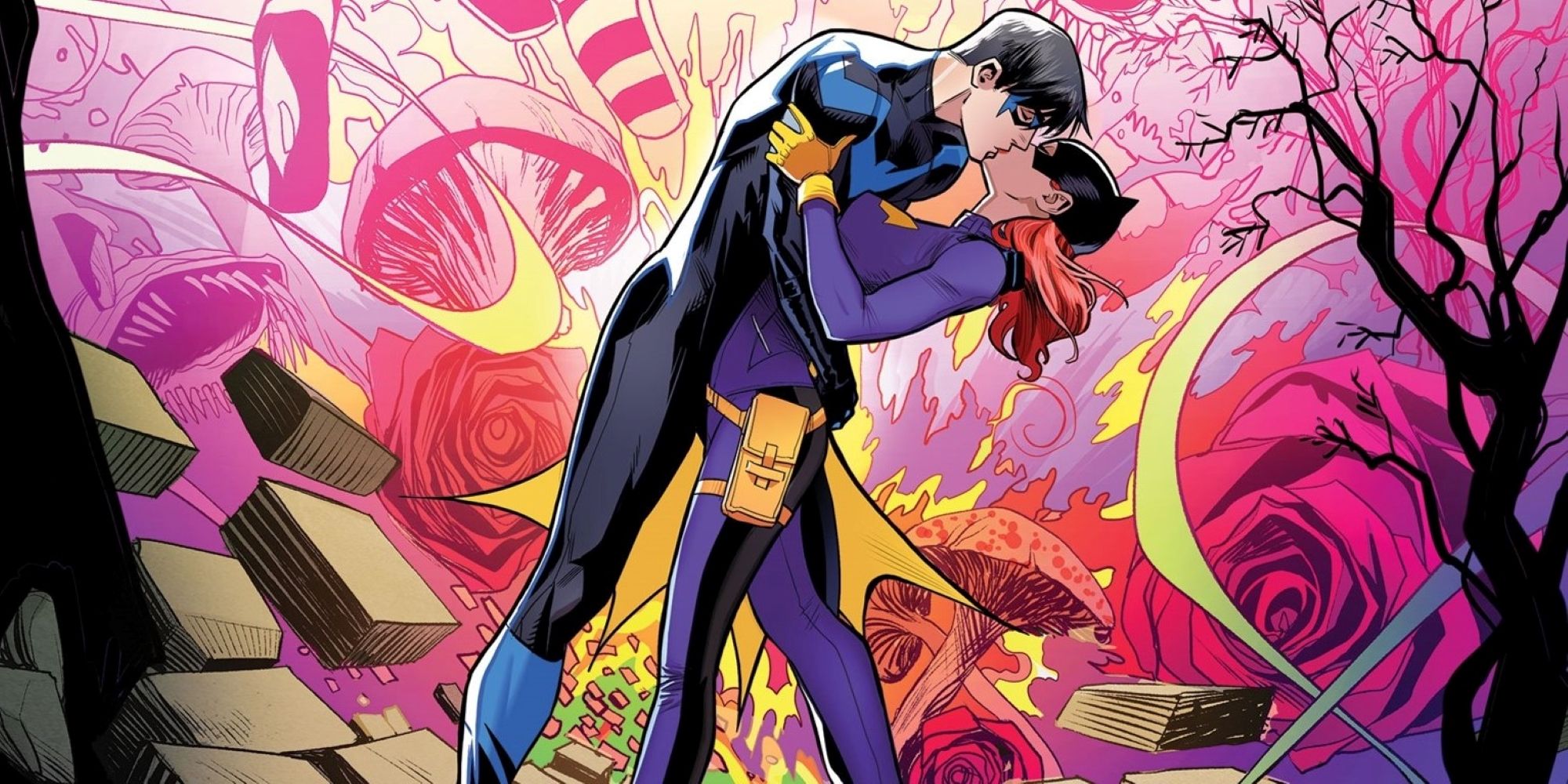 Barbara Gordon's Batgirl and Dick Grayson (Nightwing) kiss DC Comics