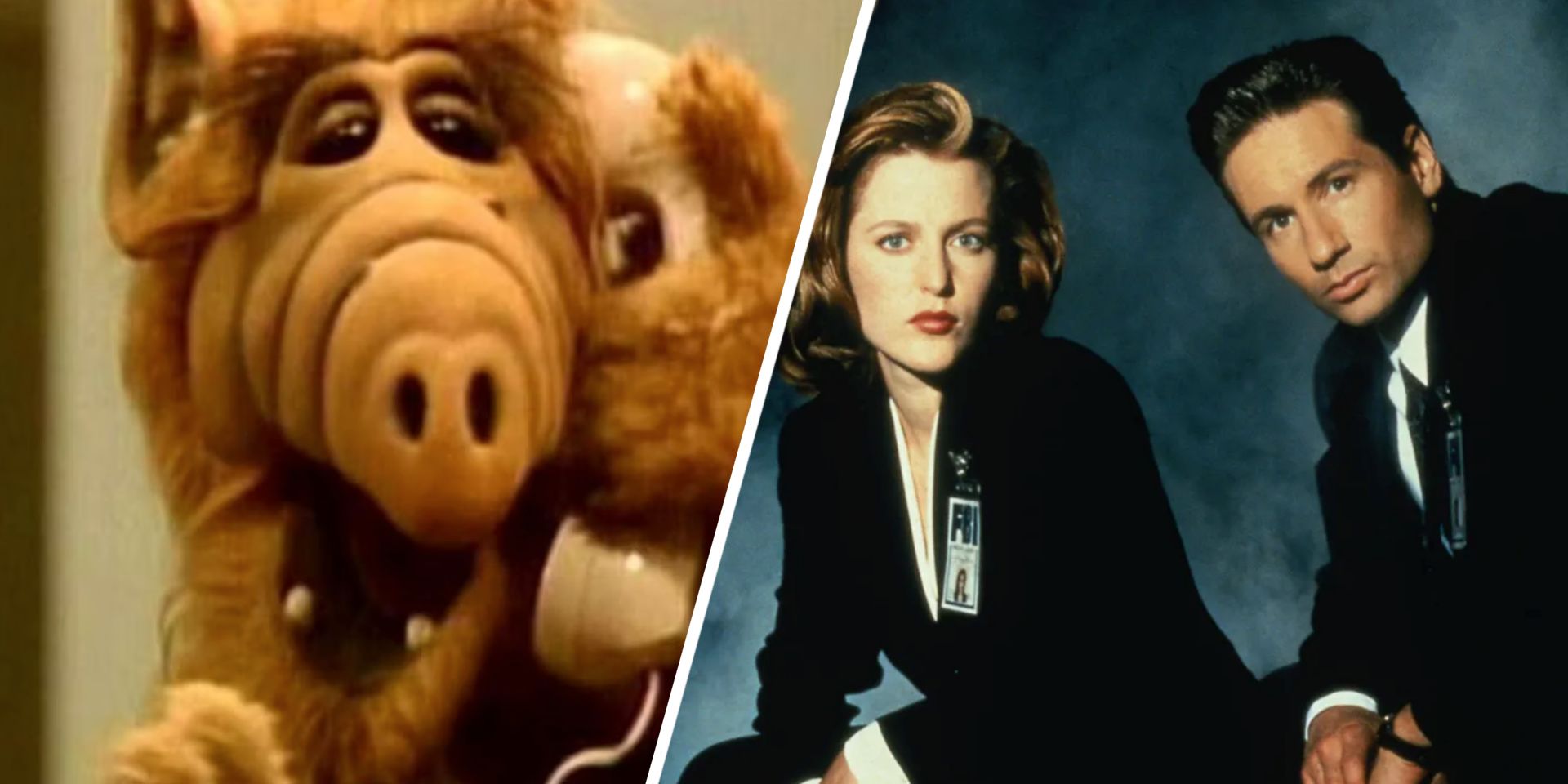 ALF talks on the phone. Scully and Mulder pose for the camera in The X-Files