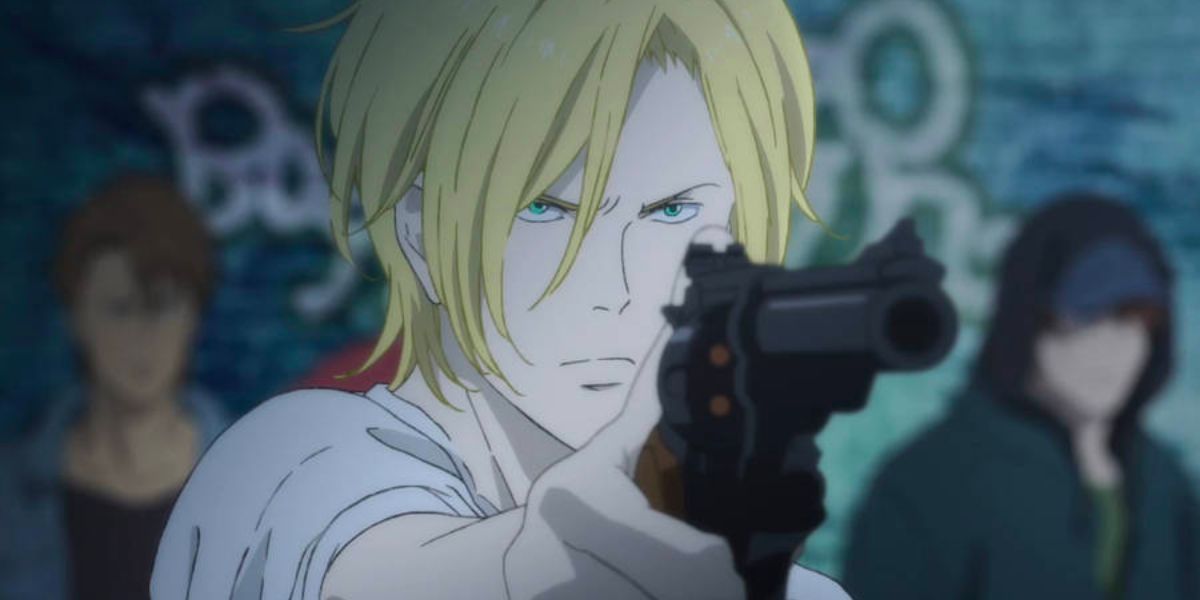 Ash is aiming his pistol, ready to shoot (Banana Fish)