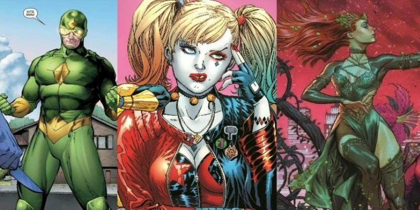 Split image of Kite Man, Harley Quinn, and Poison Ivy