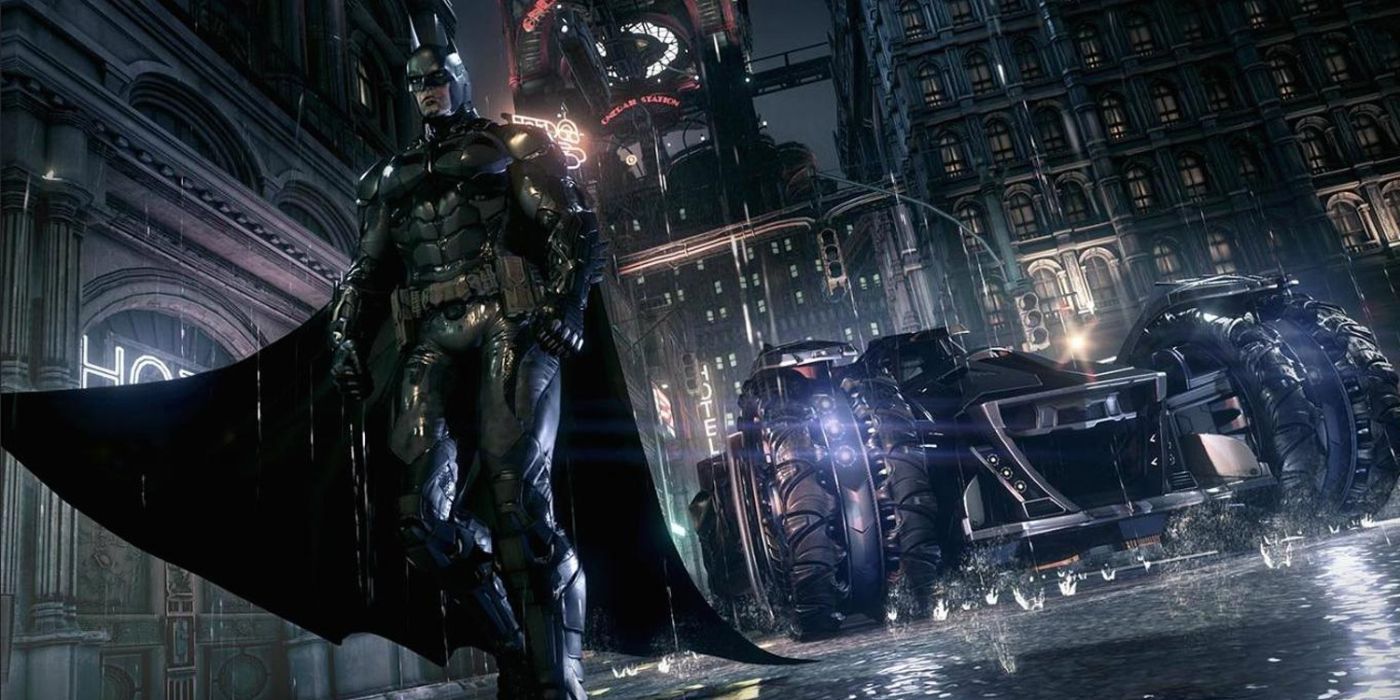 Batman standing with the Batmobile from Arkham Knight