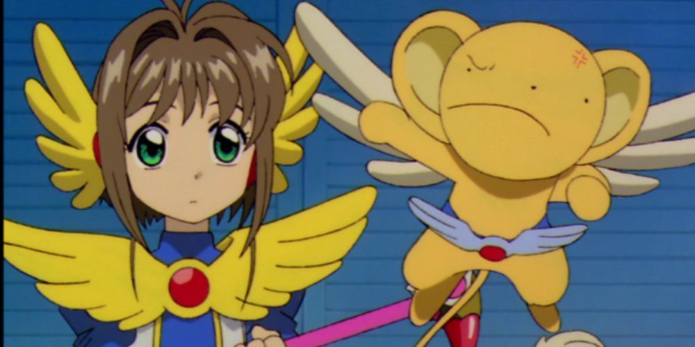 Cardcaptor Sakura in a winged outfit with an angry Kiroberos in Cardcaptor Sakura.