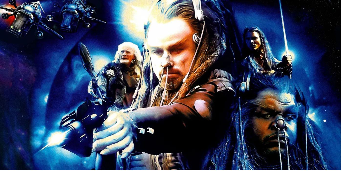A poster for the 2000 film Battlefield Earth featuring the main heroes and villains.