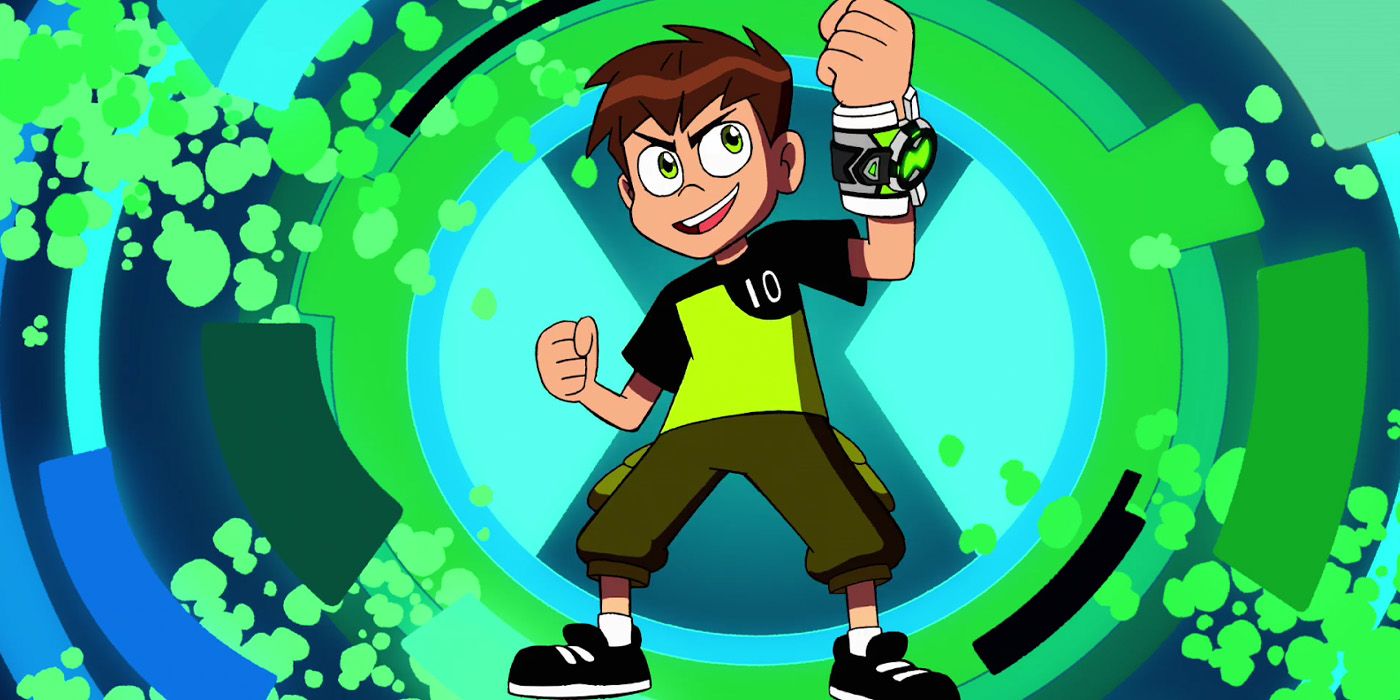 A younger Ben smiles while holding up the omnitrix on his wrist in the Ben 10 reboot