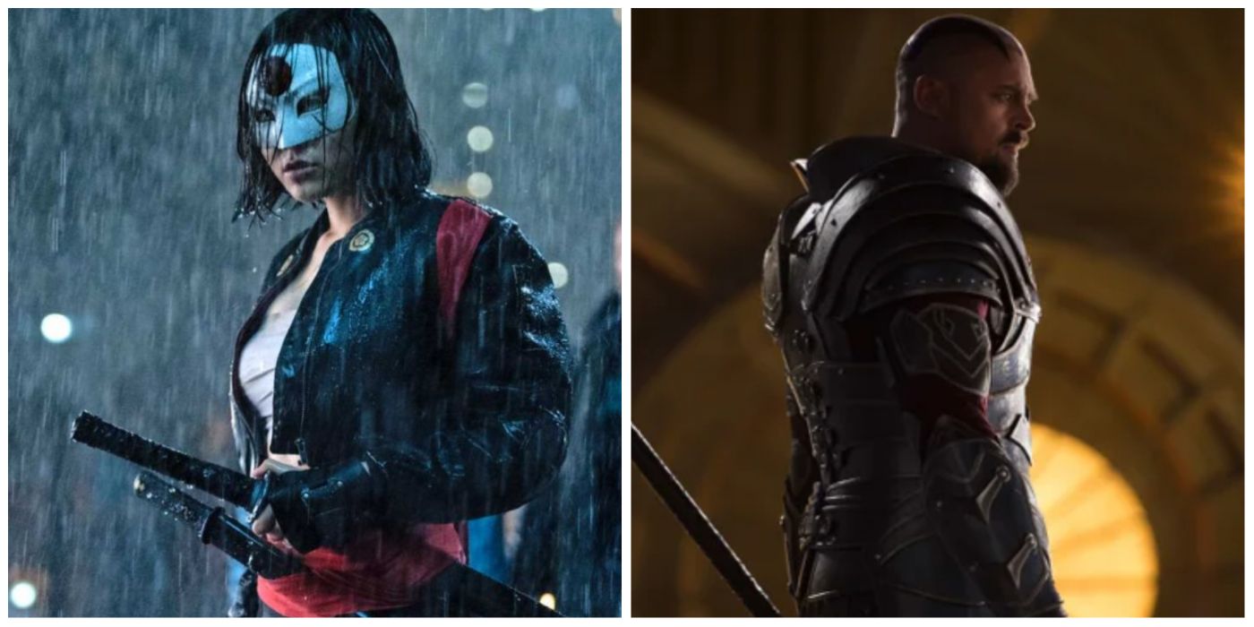 Karen Fukuhara as Katana in Suicide Squad and Karl Urban as Skurge in Thor: Ragnarok