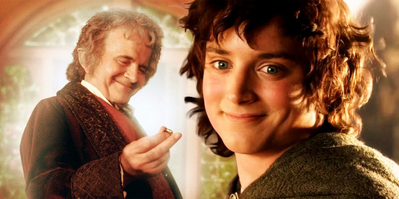 Bilbo holding the One Ring behind Frodo