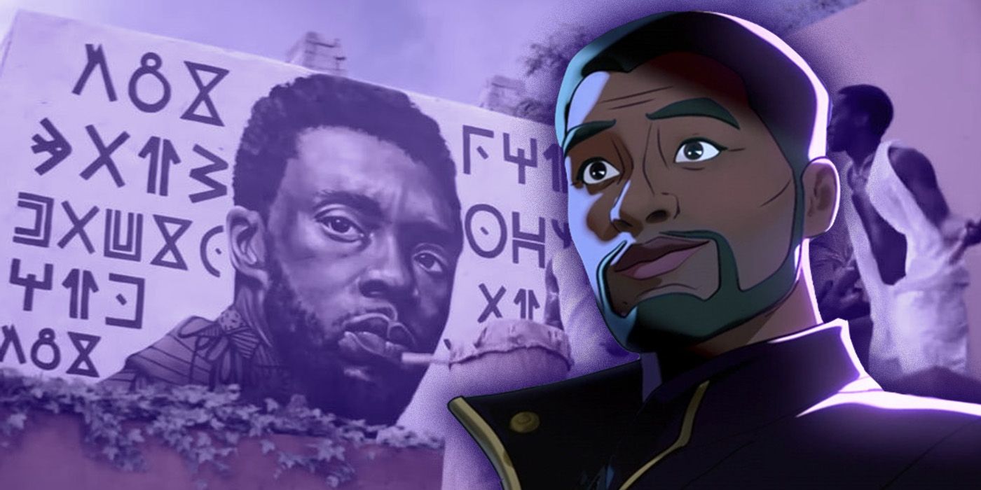 The Starlord version of T'Challa from What If? in front of his live-action counterpart's mural