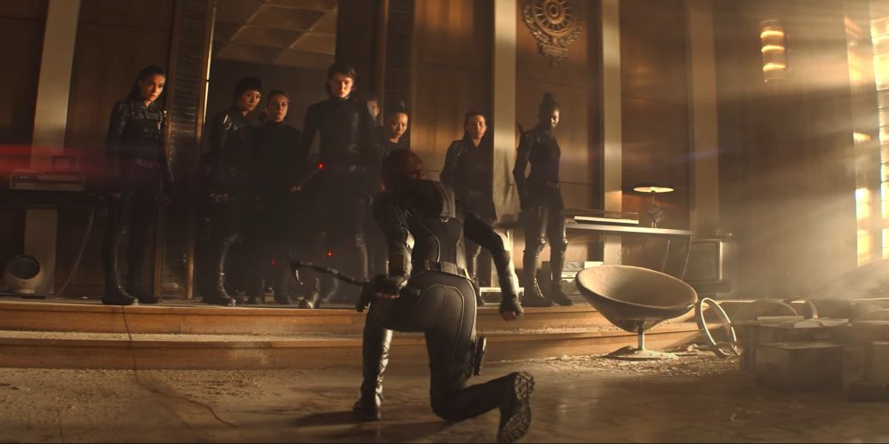 Natasha Romanoff mobbed by Black Widows in Black Widow movie