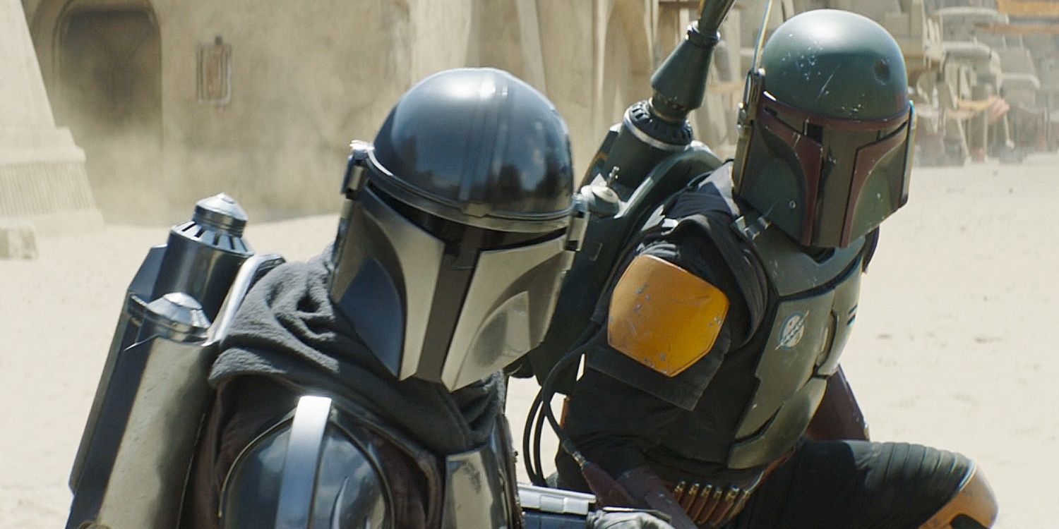 Boba Fett, played by Temuera Morrison, and The Mandalorian, played by Pedro Pascal teams up in The Book of Boba Fett Season Finale