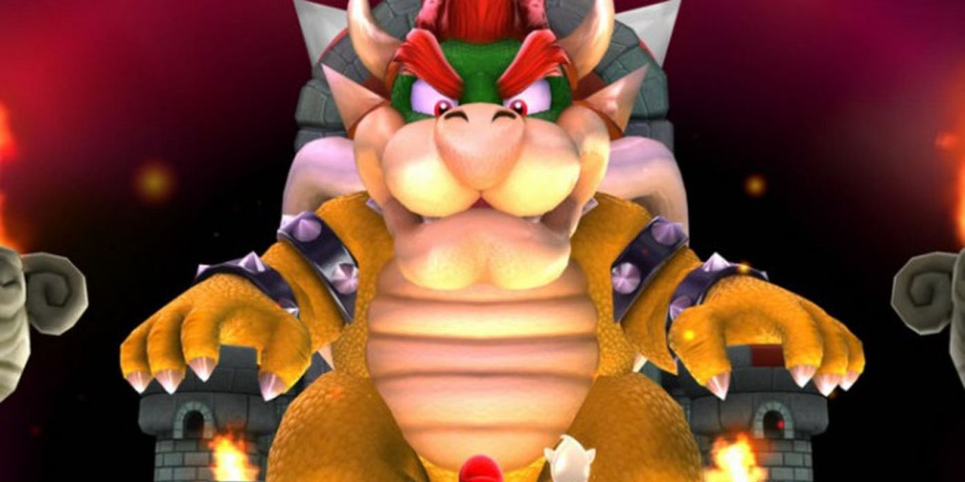 Bowser from Super Mario Bros sitting on throne looking at Mario