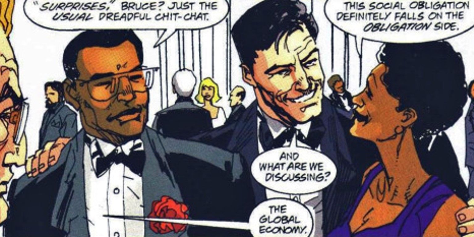 Bruce Wayne chats with Lucius and Tanya Fox at a Gala DC Comics