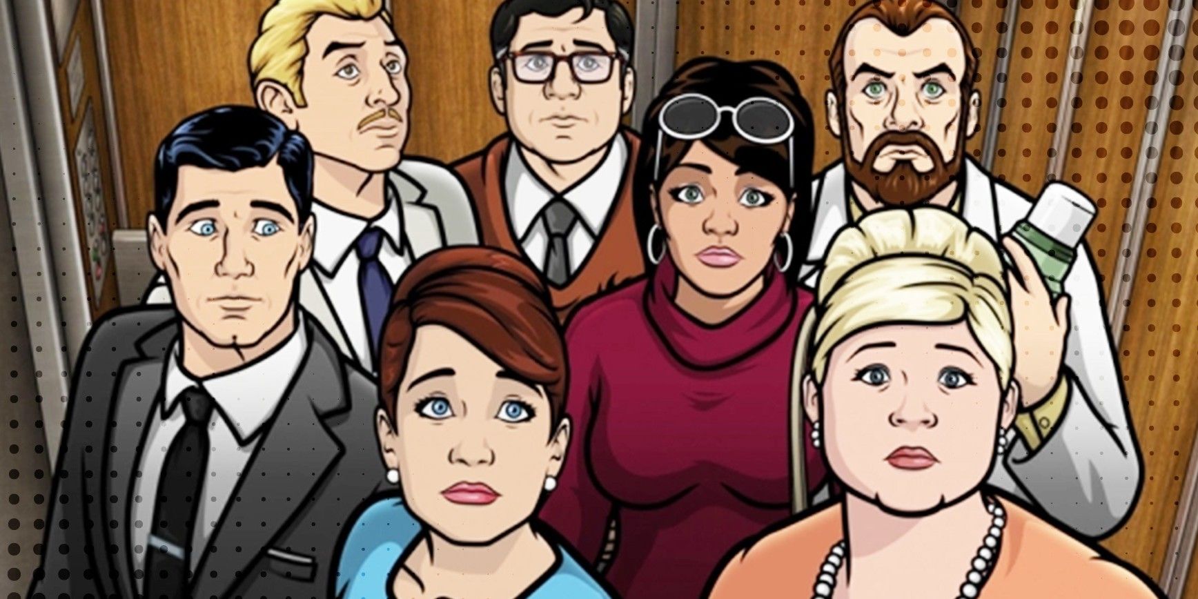 The crew from Archer torgether in an elevator.
