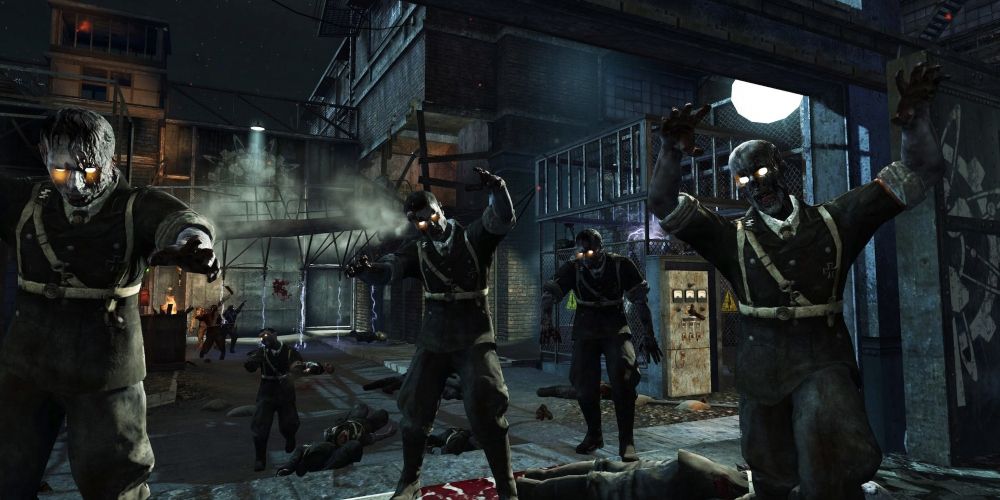 Multiple enemies take a player by storm in Call of Duty Zombies.