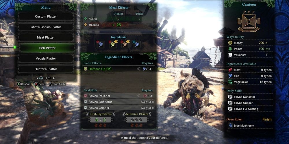 A player choosing a meal from the canteen in Monster Hunter: World