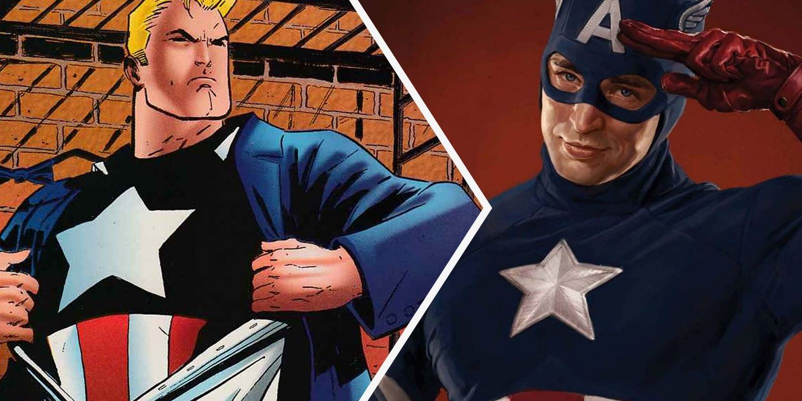 Left shows Steve Rogers unveiling his Captain America suit in the comics, right shows Chris Evans as the classic MCU Captain America