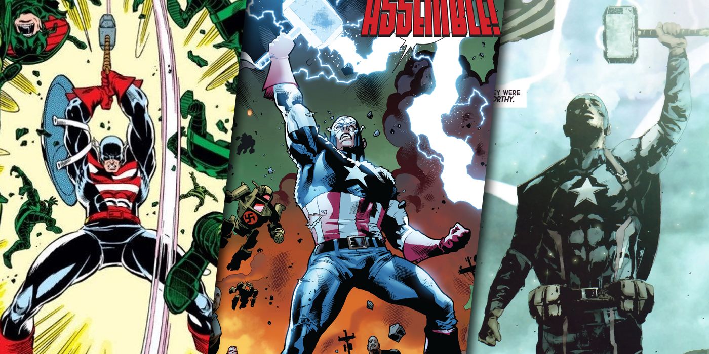 Captain America wielding Mjolnir three different times