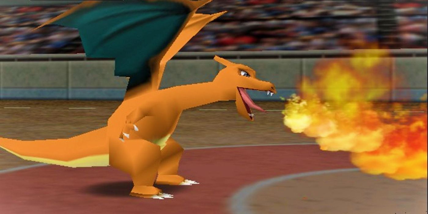 Charizard breaths fire in Pokémon Stadium