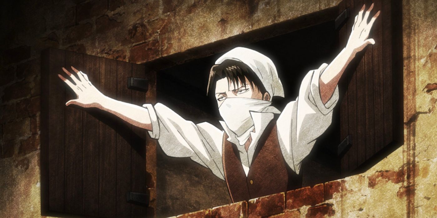 Levi in cleaning attire opening a window in Attack On Titan.