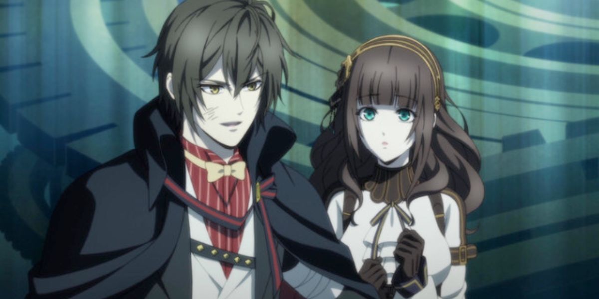 Image features a visual from Code Realize: (From left to right) Arsene Lupin (short, black hair and black cape and suit) is protecting Cardia (long, brown hair, golden headband, brown gloves, and white dress).
