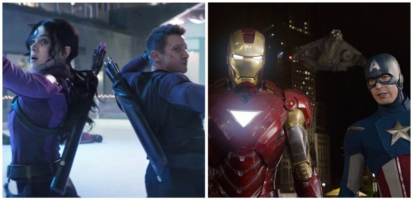Header image for MCU friendships, Kate Bishop and Hawkeye with Captain America and Iron Man