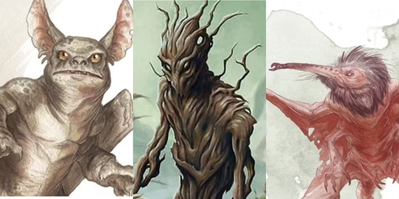 A split image of a homunculus, a twig blight, and a stirge from DnD