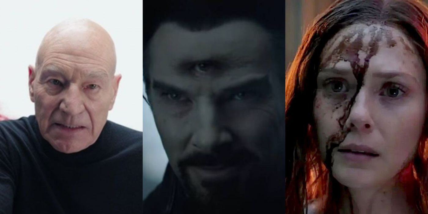 Split image of Charles Xavier, Sinister Strange with his third eye, and Wanda with oil on her face