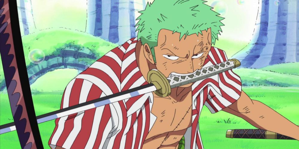 Roronoa Zoro ready for battle during the Sabaody Archipelago Arc in One Piece.