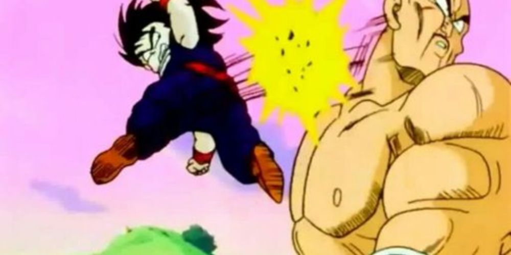 Gohan kicking Nappa in their fight during Dragon Ball Z.