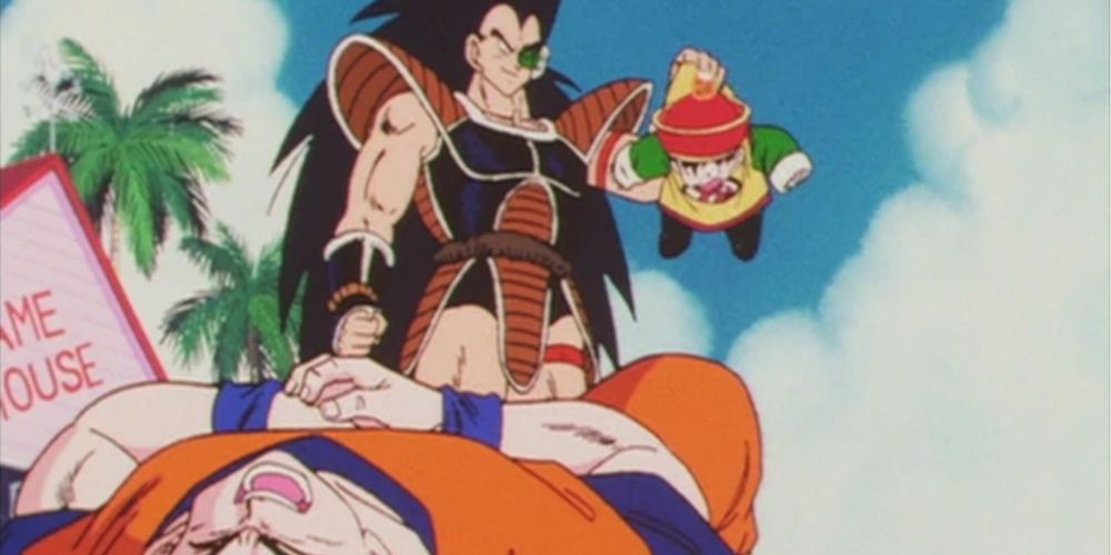 Raditz carrying Gohan after quickly dispatching Goku in Dragon Ball Z
